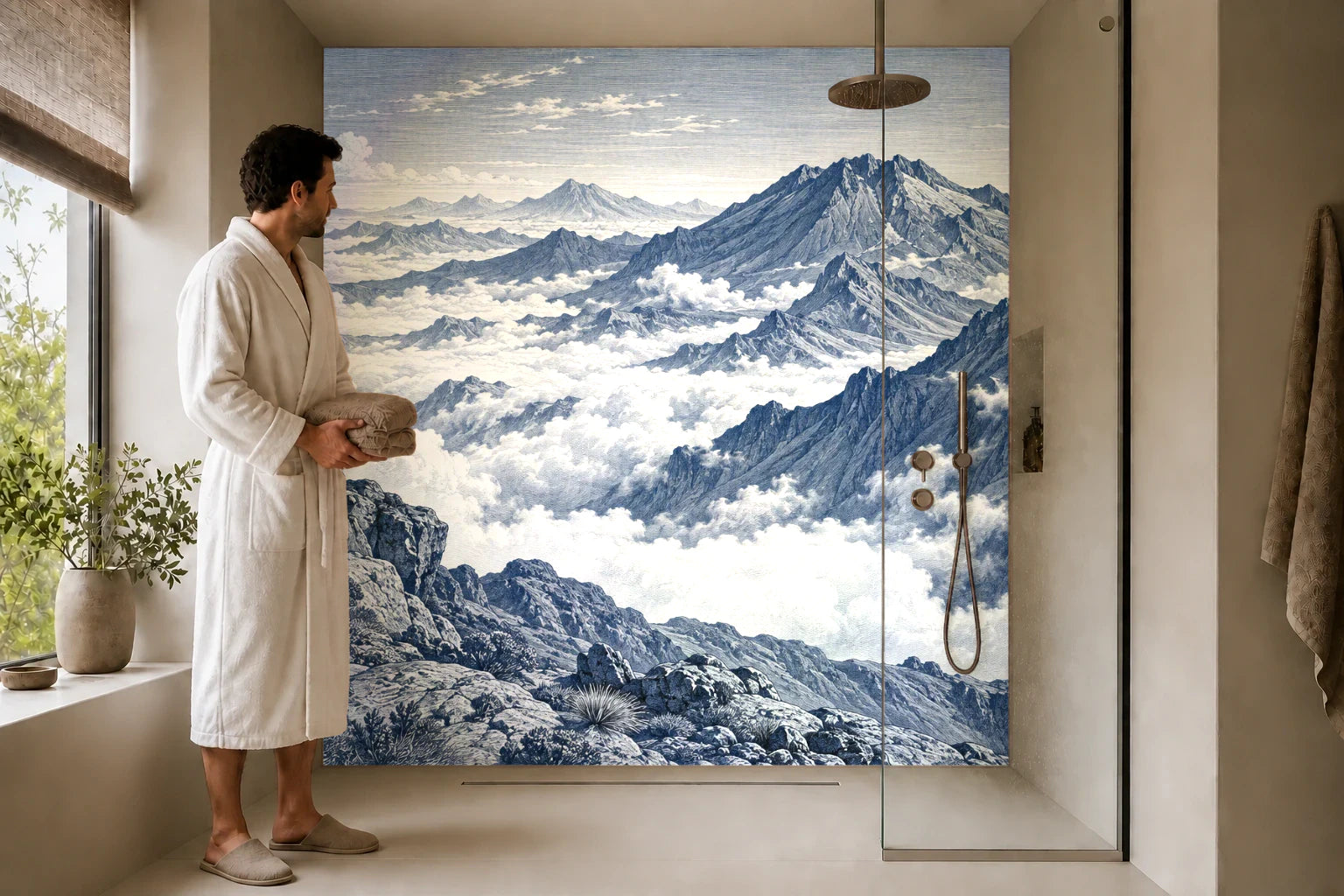 Duschrückwand „Vulkanberge über dem Wolkenmeer – Kupferstich“ in einer Dusche mit einem Mann im Bademantel