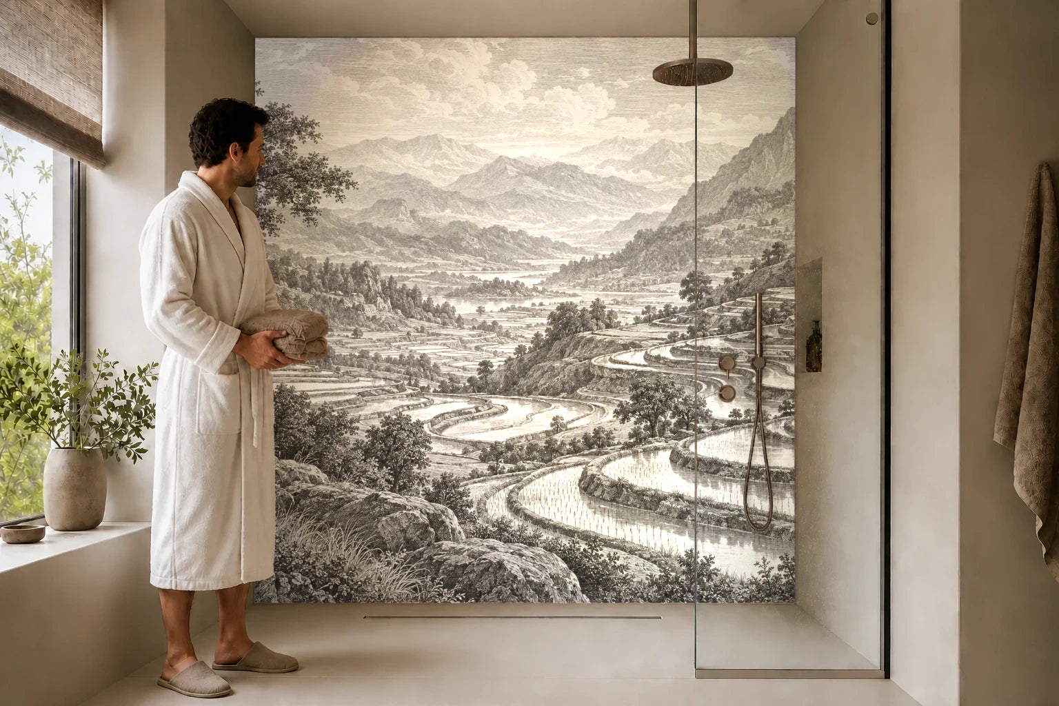 Duschrückwand „Terrassenfelder im Bergland – Kupferstich“ in einer Dusche mit einem Mann im Bademantel