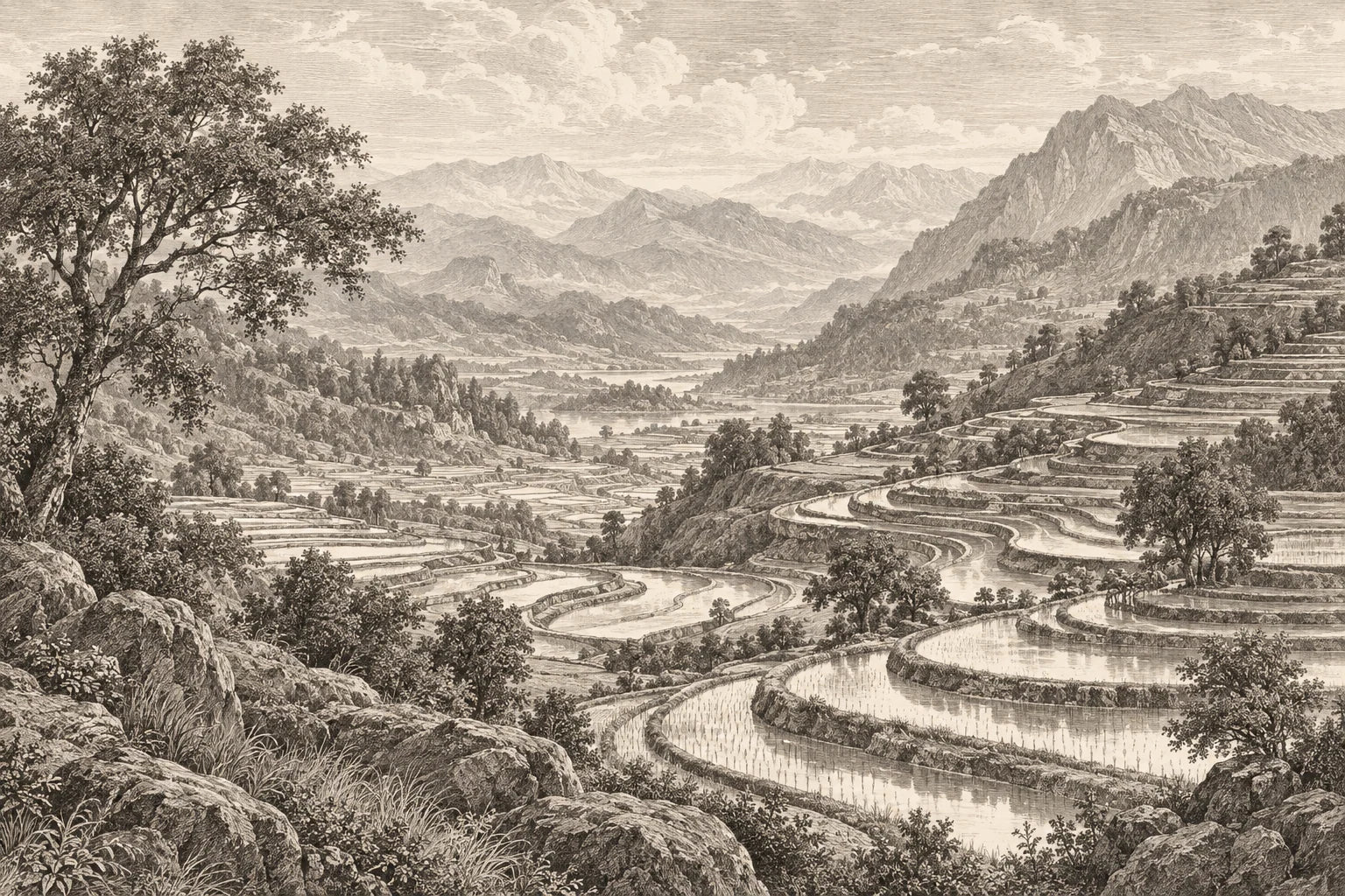 Motivvorschau „Terrassenfelder im Bergland – Kupferstich“ für Duschrückwand