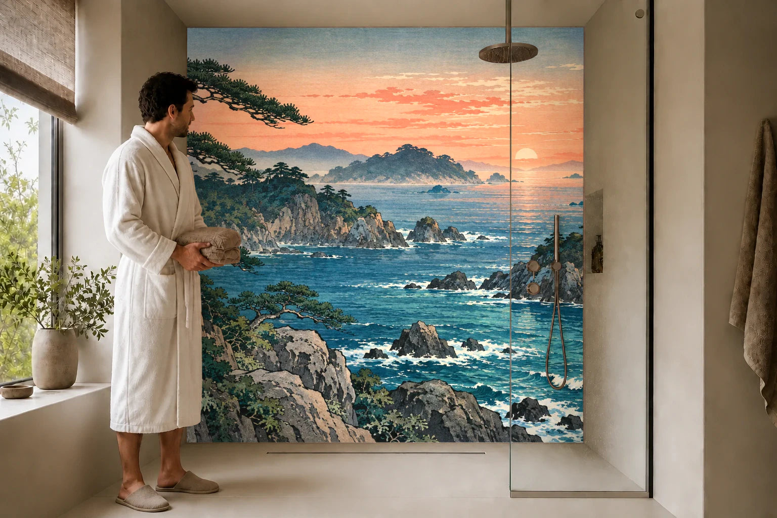 Duschrückwand „Kiefernküste im Morgenrot – Ukiyo-e“ in einer Dusche mit einem Mann im Bademantel