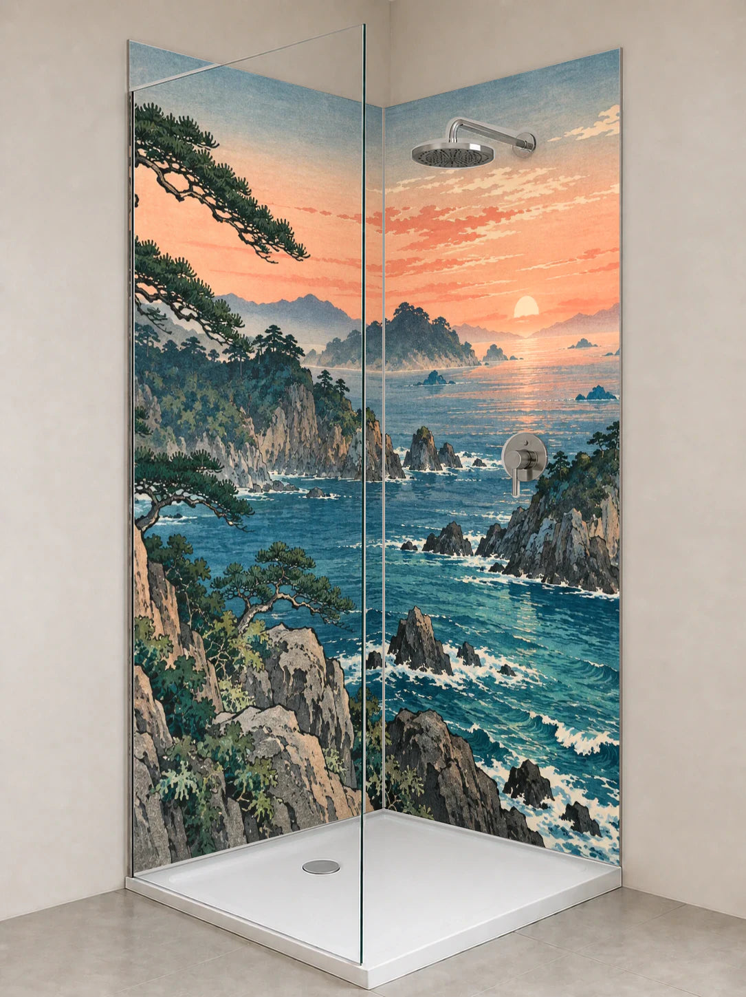 Duschrückwand „Kiefernküste im Morgenrot – Ukiyo-e“ als installierte Rückwand in einer hellen Dusche