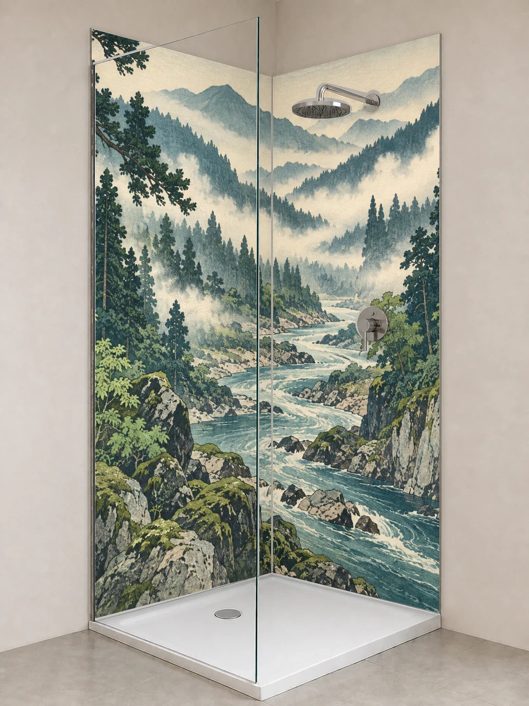 Duschrückwand „Nebelwald am Bergfluss – Ukiyo-e“ als installierte Rückwand in einer hellen Dusche
