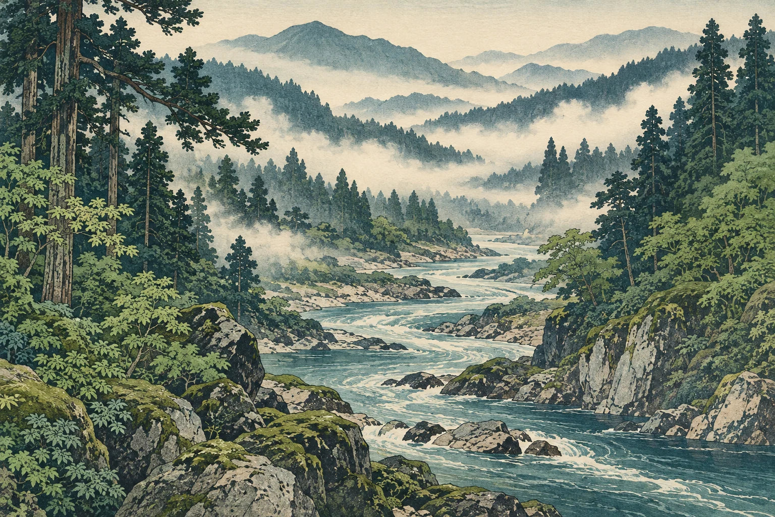 Motivvorschau „Nebelwald am Bergfluss – Ukiyo-e“ für Duschrückwand