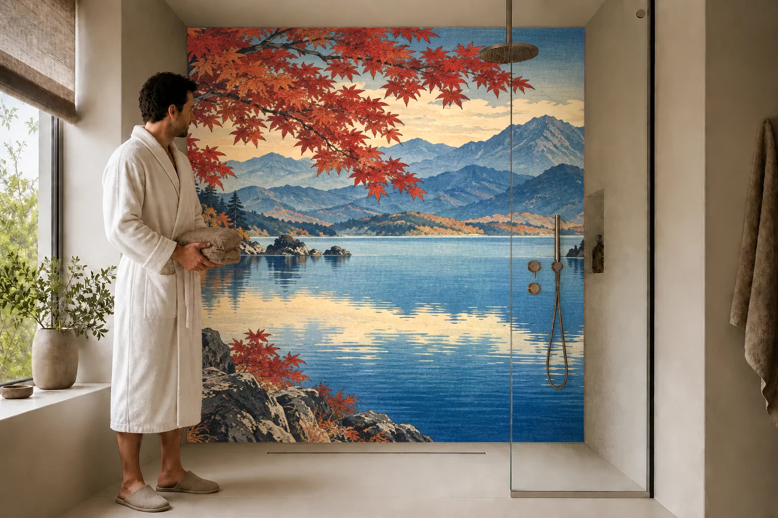 Duschrückwand „Ahorn über dem Bergsee – Ukiyo-e“ in einer Dusche mit einem Mann im Bademantel