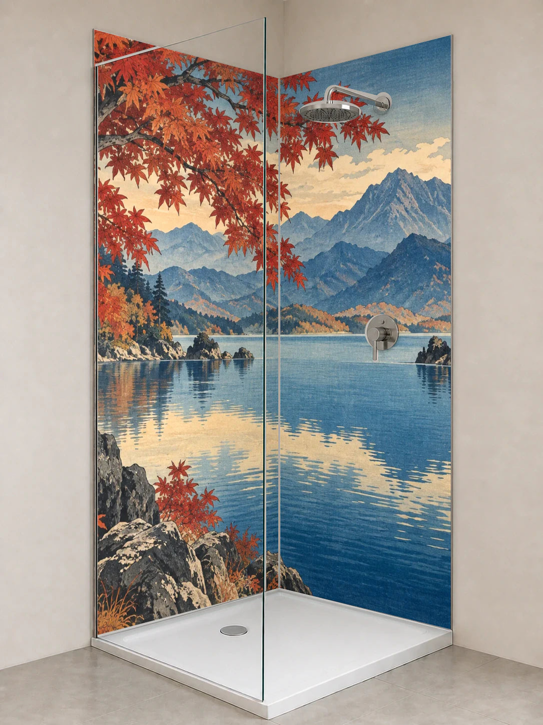 Duschrückwand „Ahorn über dem Bergsee – Ukiyo-e“ als installierte Rückwand in einer hellen Dusche
