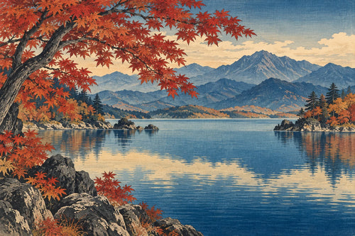 Motivvorschau „Ahorn über dem Bergsee – Ukiyo-e“ für Duschrückwand