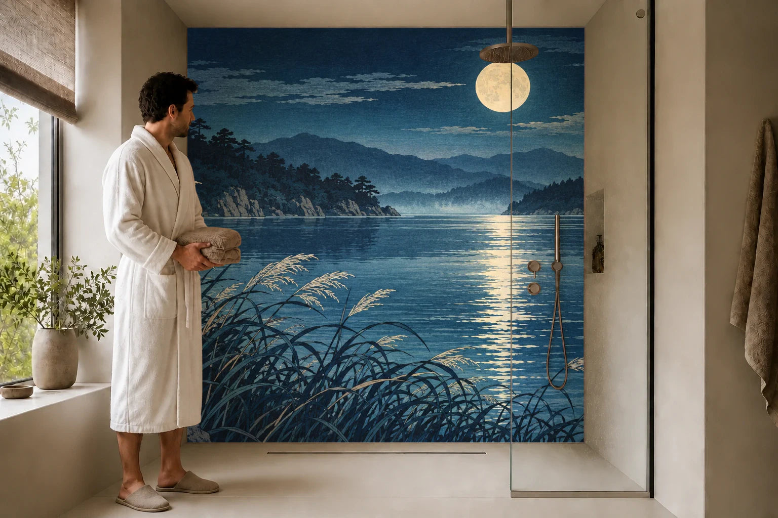 Duschrückwand „Mond über dem Schilfsee – Ukiyo-e“ in einer Dusche mit einem Mann im Bademantel
