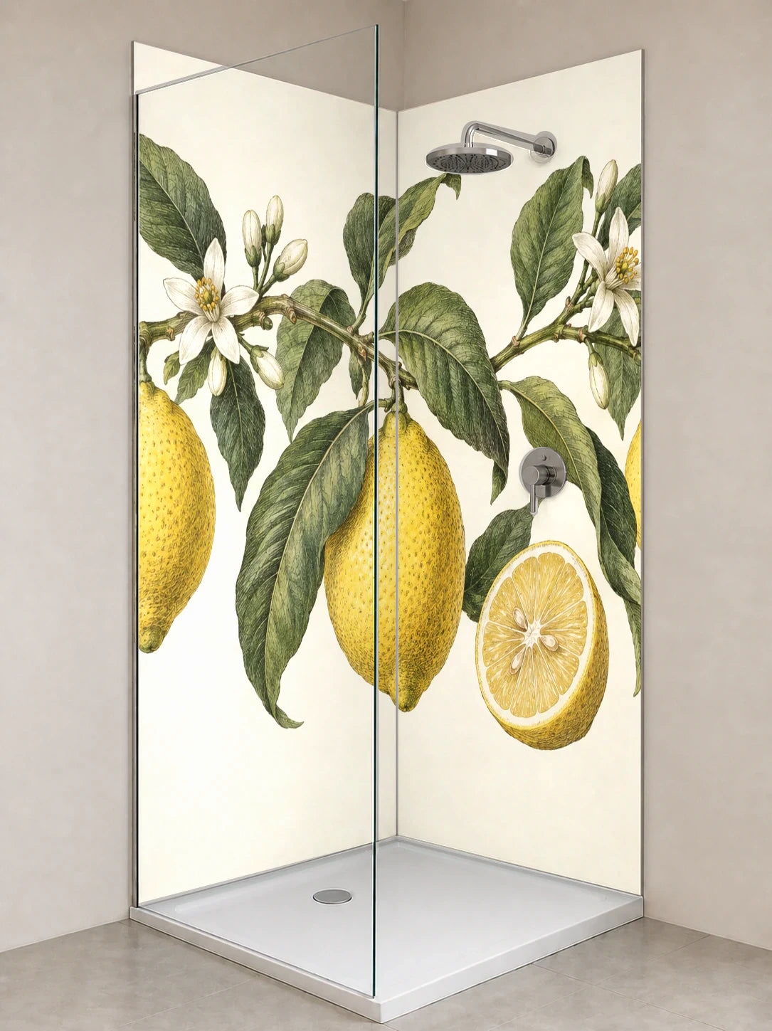 Duschrückwand „Zitronenzweig mit Blüten – Botanischer Stich“ als installierte Rückwand in einer hellen Dusche