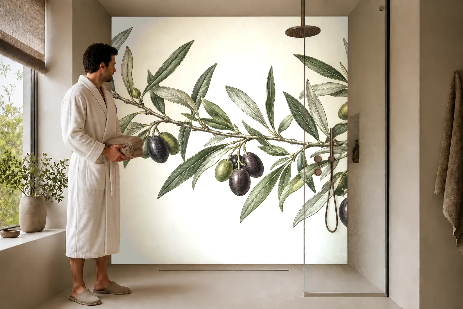 Duschrückwand „Olivenzweige mit Früchten – Botanischer Stich“ in einer Dusche mit einem Mann im Bademantel