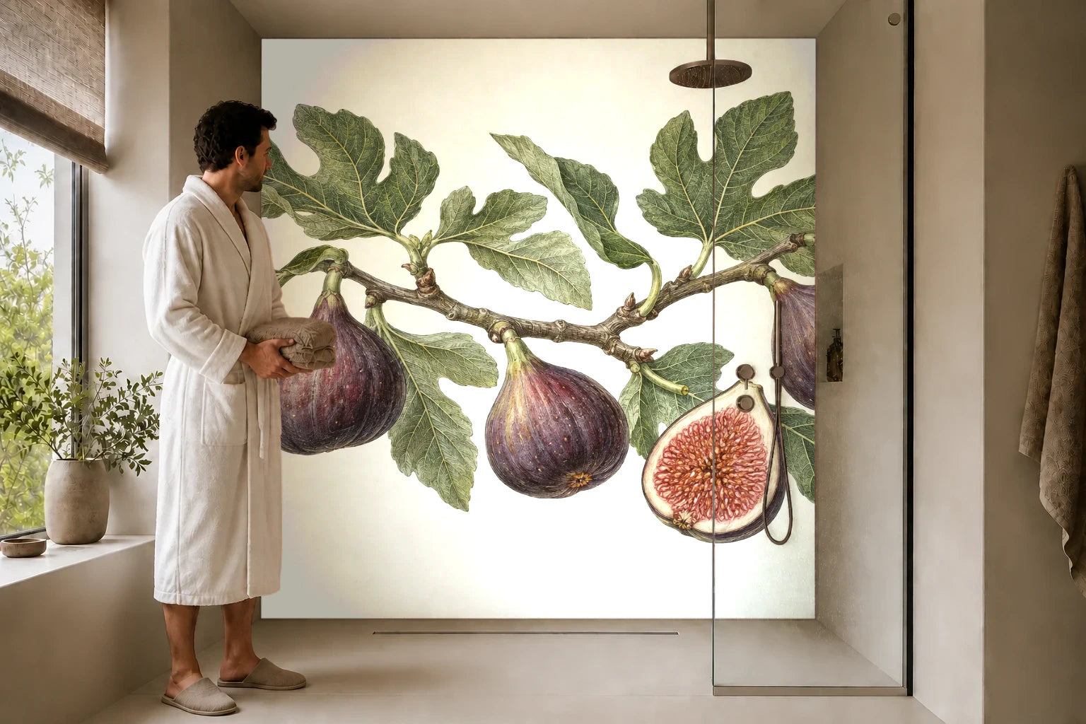 Duschrückwand „Feigenzweig mit reifen Früchten – Botanischer Stich“ in einer Dusche mit einem Mann im Bademantel