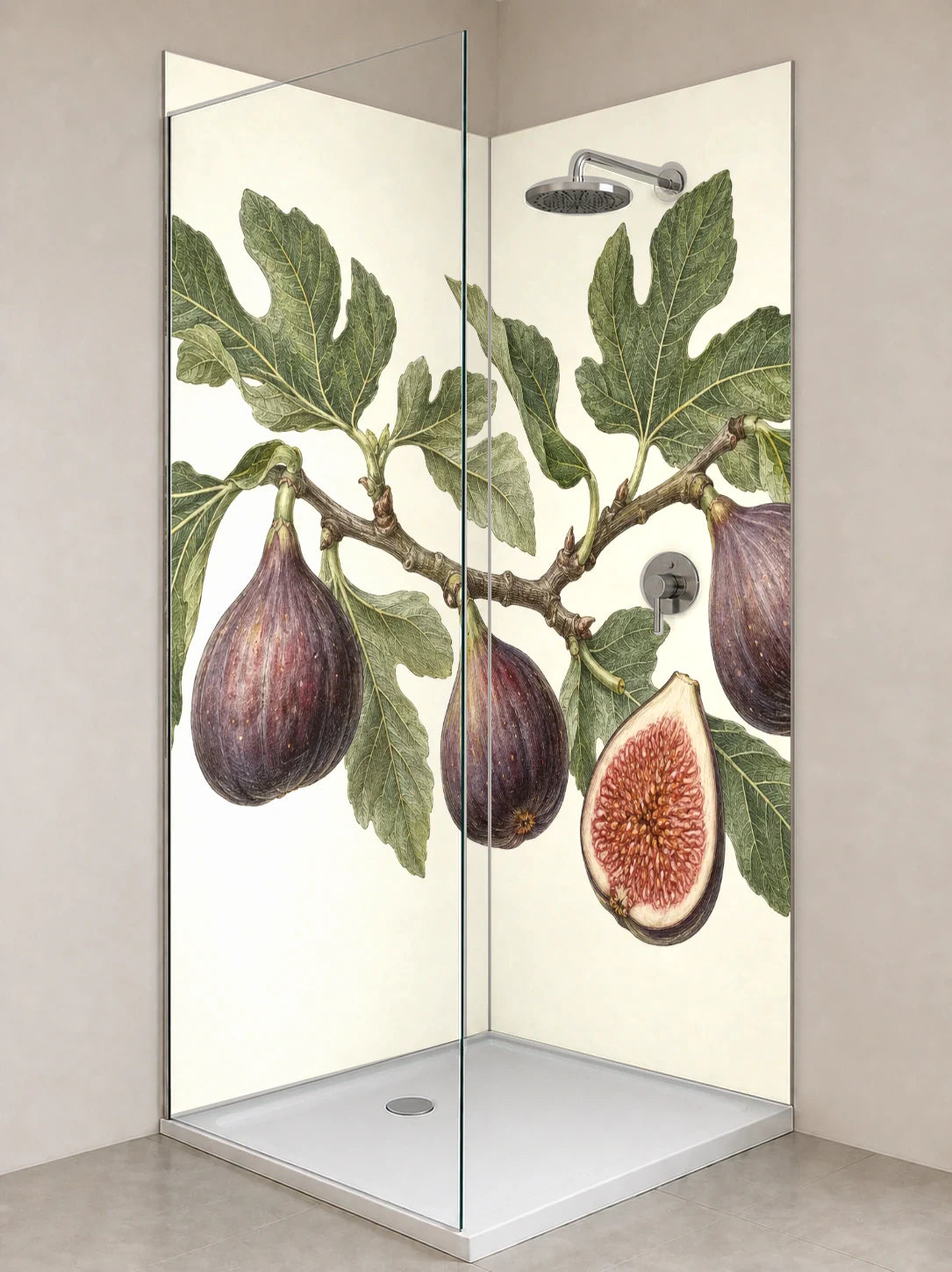 Duschrückwand „Feigenzweig mit reifen Früchten – Botanischer Stich“ als installierte Rückwand in einer hellen Dusche