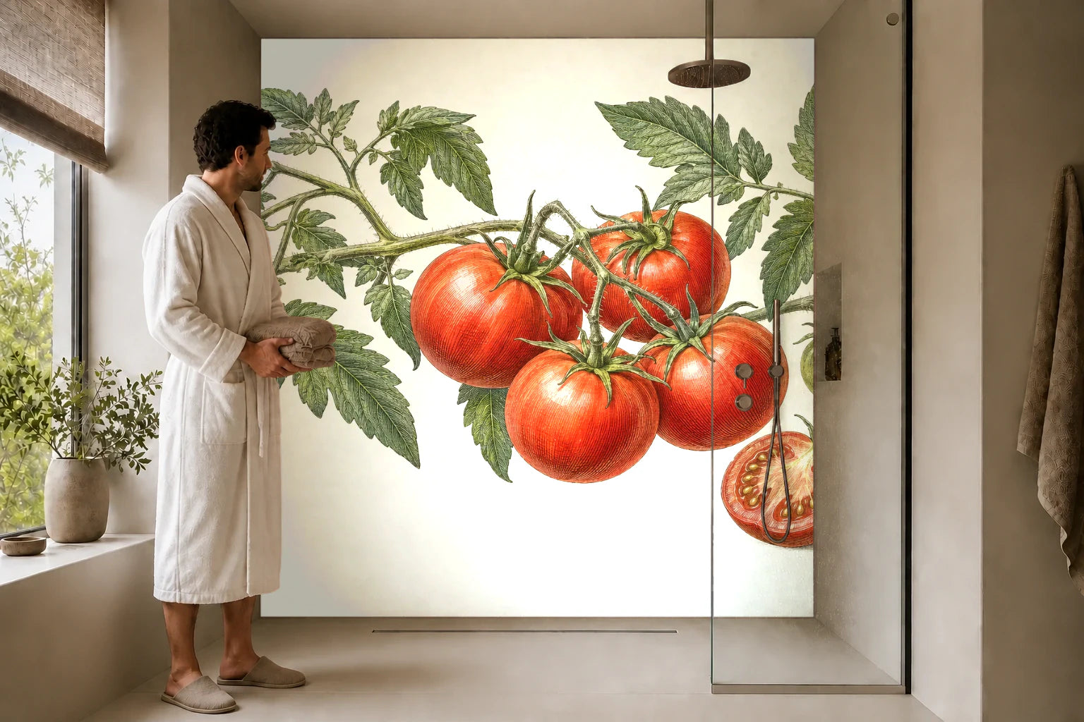 Duschrückwand „Tomatenrispe mit Blüten – Botanischer Stich“ in einer Dusche mit einem Mann im Bademantel