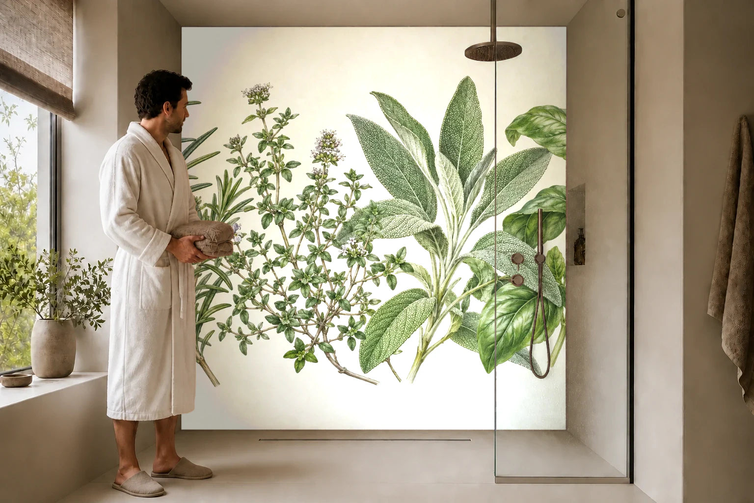 Duschrückwand „Küchenkräuter in feinen Linien – Botanischer Stich“ in einer Dusche mit einem Mann im Bademantel