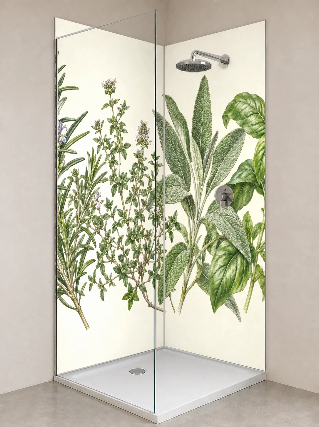 Duschrückwand „Küchenkräuter in feinen Linien – Botanischer Stich“ als installierte Rückwand in einer hellen Dusche