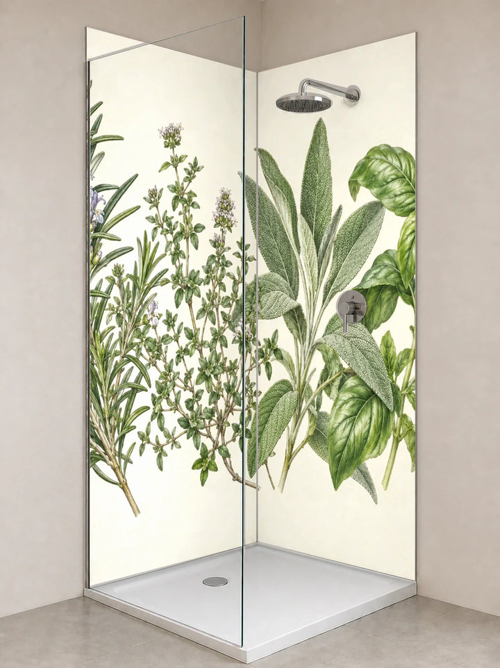 Duschrückwand „Küchenkräuter in feinen Linien – Botanischer Stich“ als installierte Rückwand in einer hellen Dusche