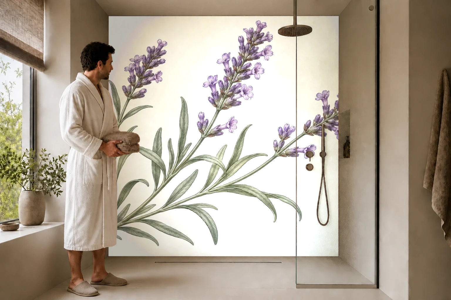Duschrückwand „Lavendelzweige – Botanischer Stich“ in einer Dusche mit einem Mann im Bademantel