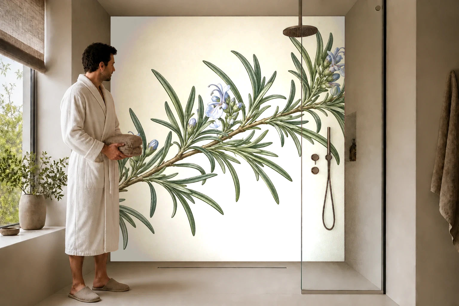 Duschrückwand „Blühender Rosmarin – Botanischer Stich“ in einer Dusche mit einem Mann im Bademantel