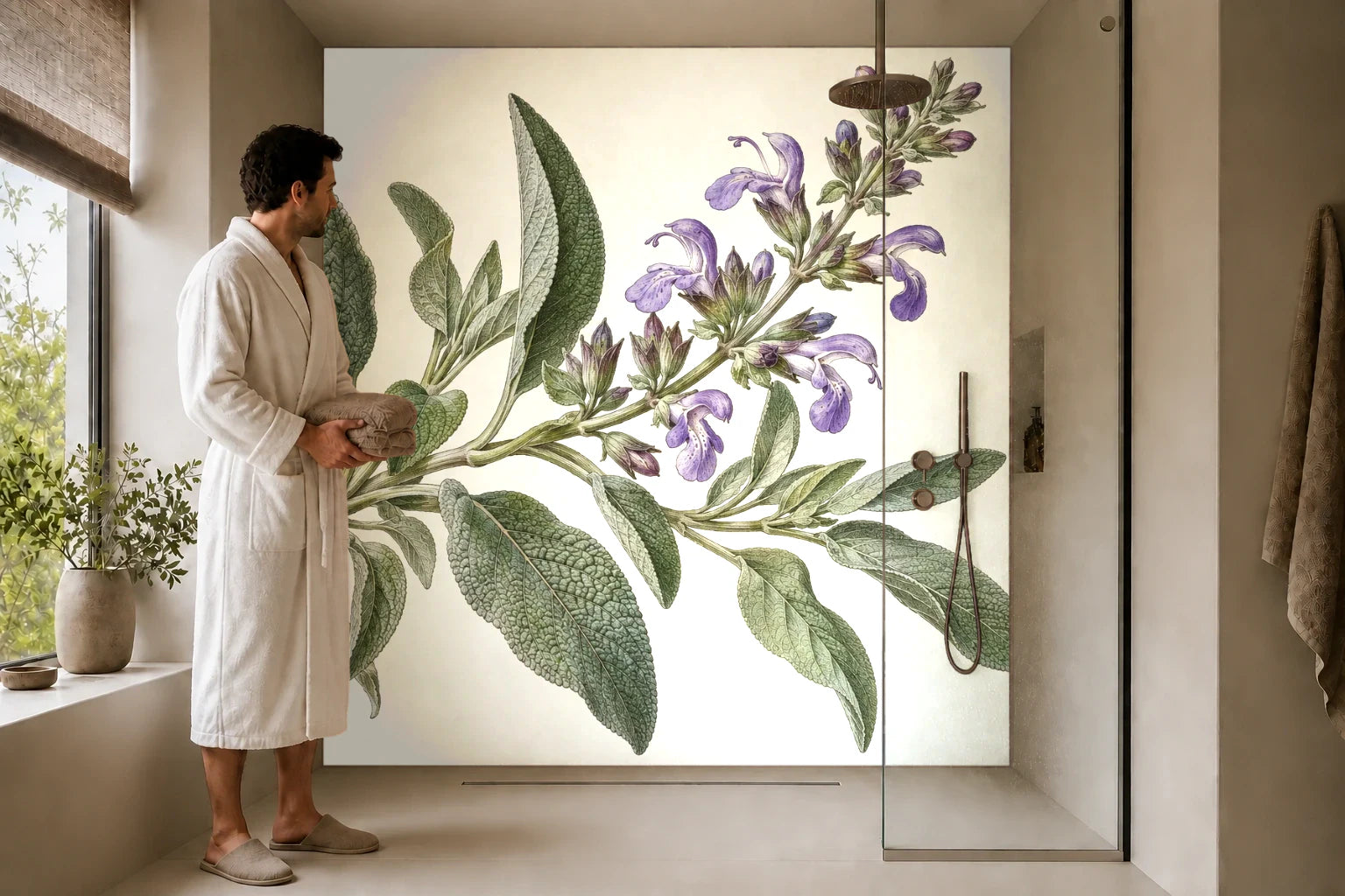 Duschrückwand „Salbei mit Blüten – Botanischer Stich“ in einer Dusche mit einem Mann im Bademantel