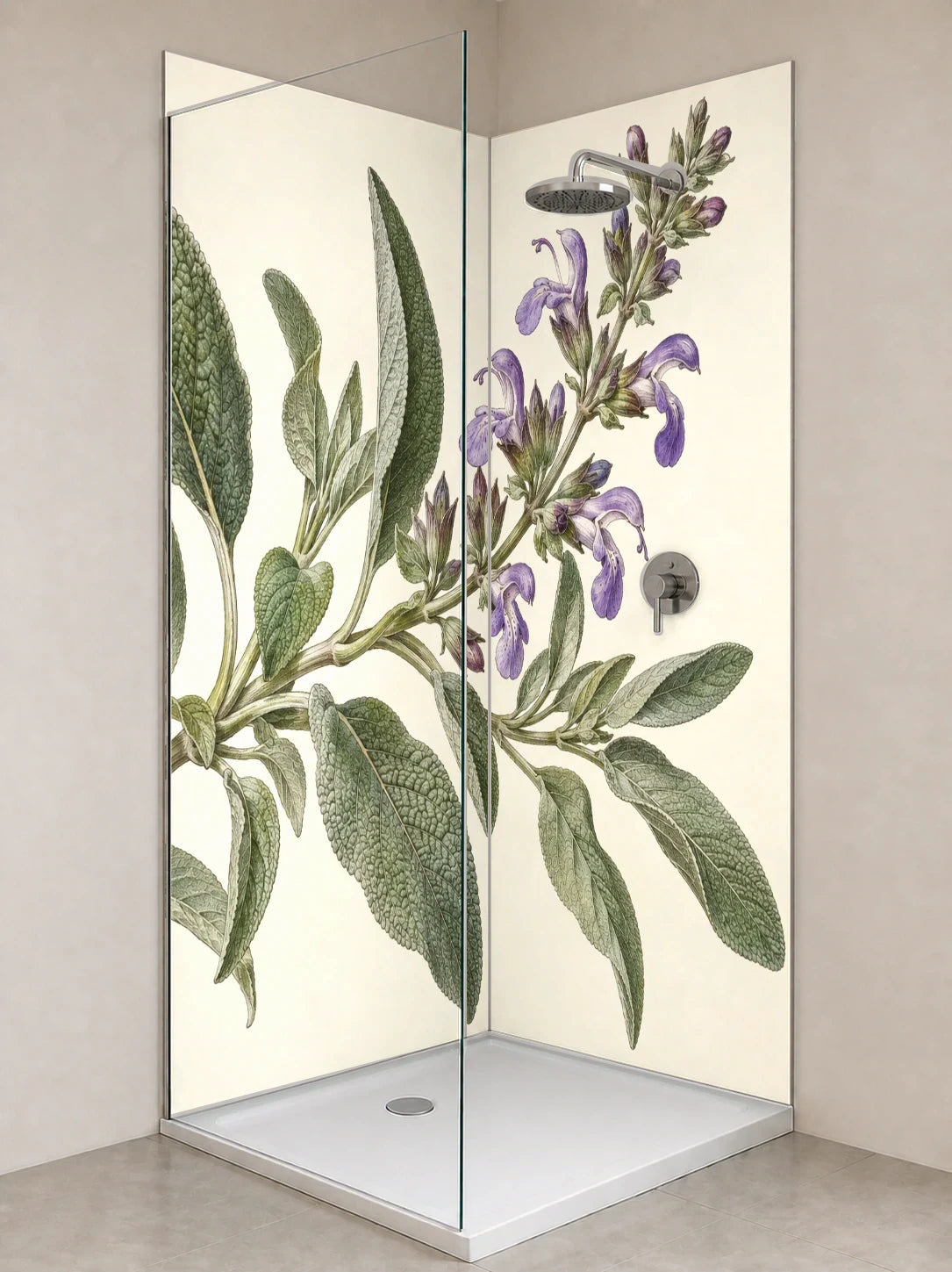 Duschrückwand „Salbei mit Blüten – Botanischer Stich“ als installierte Rückwand in einer hellen Dusche