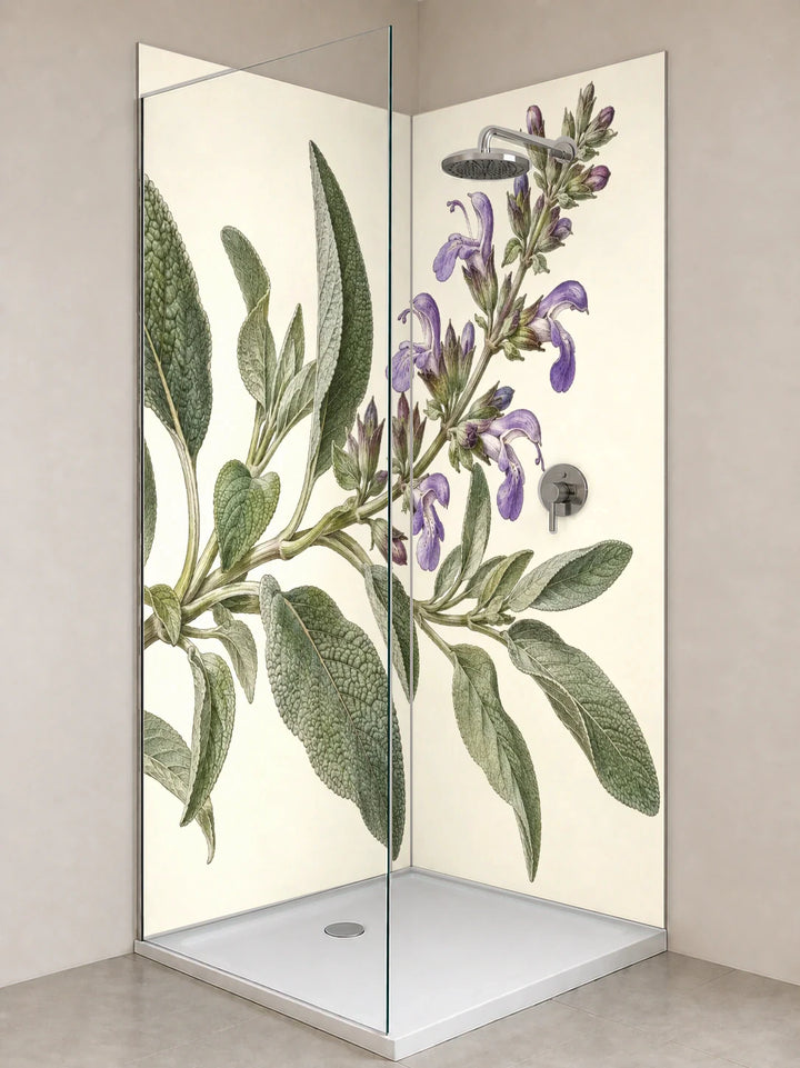 Duschrückwand „Salbei mit Blüten – Botanischer Stich“ als installierte Rückwand in einer hellen Dusche