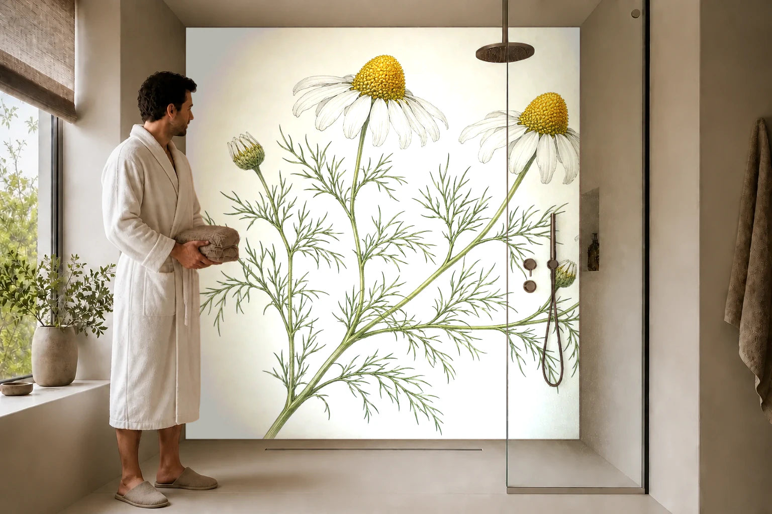Duschrückwand „Kamille in feinen Linien – Botanischer Stich“ in einer Dusche mit einem Mann im Bademantel