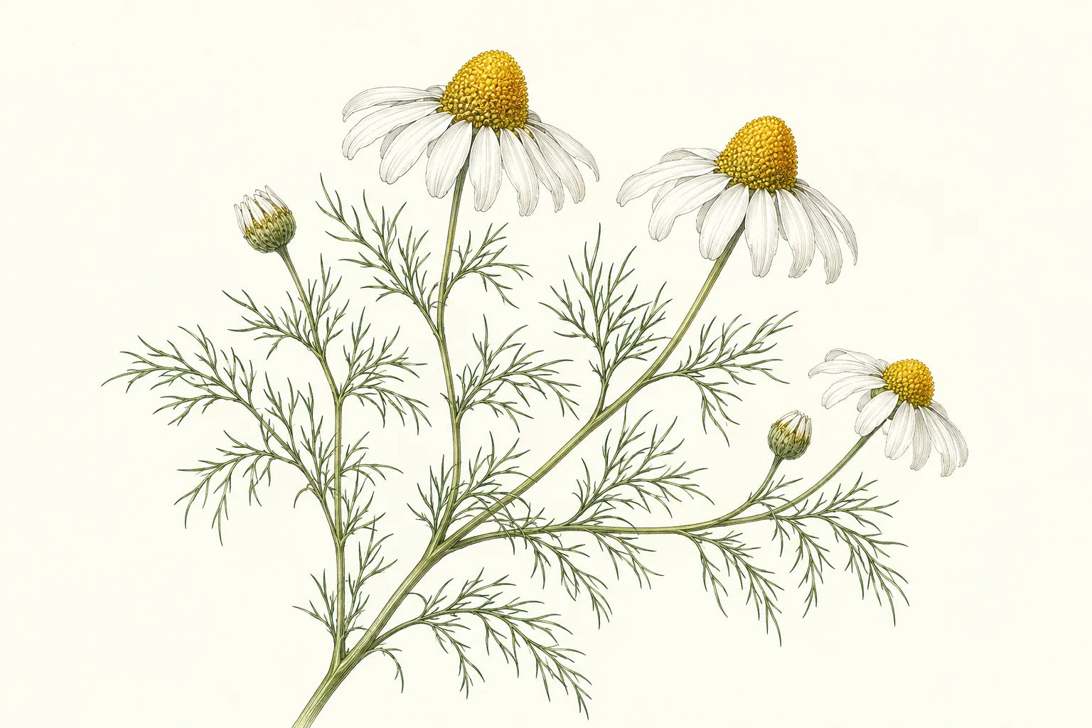 Motivvorschau „Kamille in feinen Linien – Botanischer Stich“ für Duschrückwand