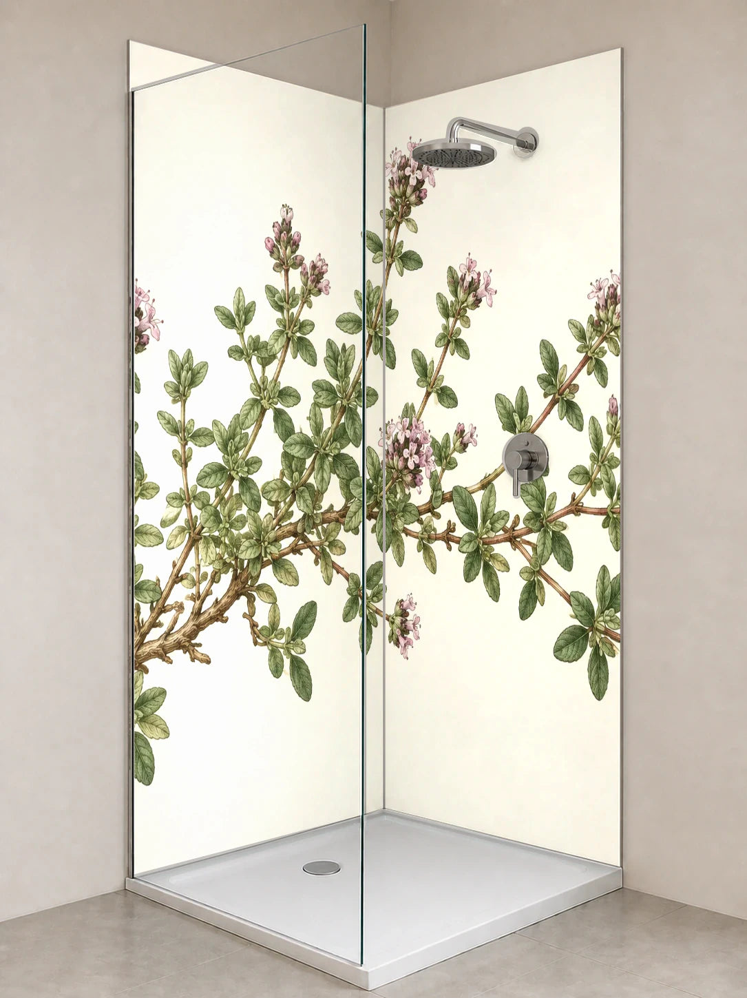 Duschrückwand „Wilder Thymian – Botanischer Stich“ als installierte Rückwand in einer hellen Dusche