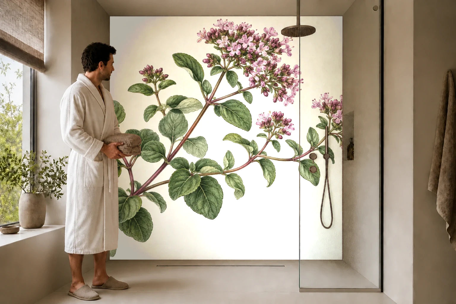 Duschrückwand „Oregano mit Blüten – Botanischer Stich“ in einer Dusche mit einem Mann im Bademantel