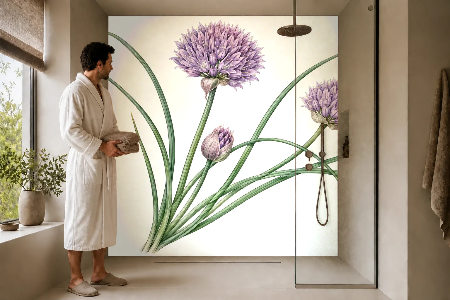 Duschrückwand „Schnittlauchblüte – Botanischer Stich“ in einer Dusche mit einem Mann im Bademantel