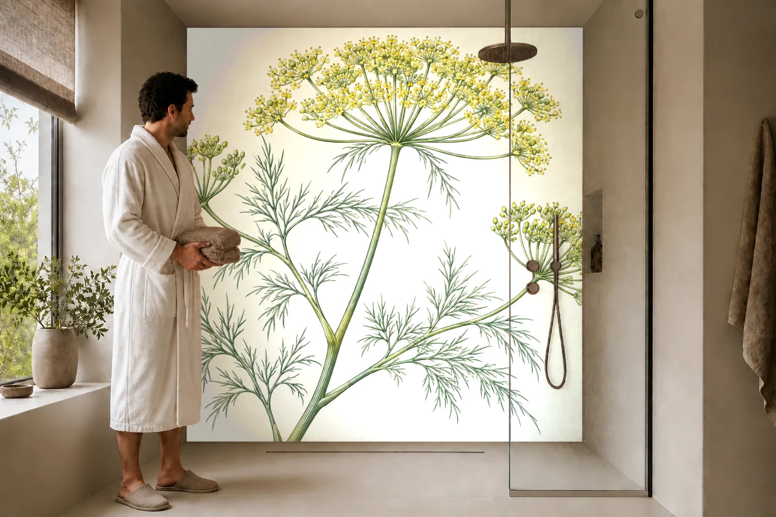 Duschrückwand „Dill mit feinen Dolden – Botanischer Stich“ in einer Dusche mit einem Mann im Bademantel