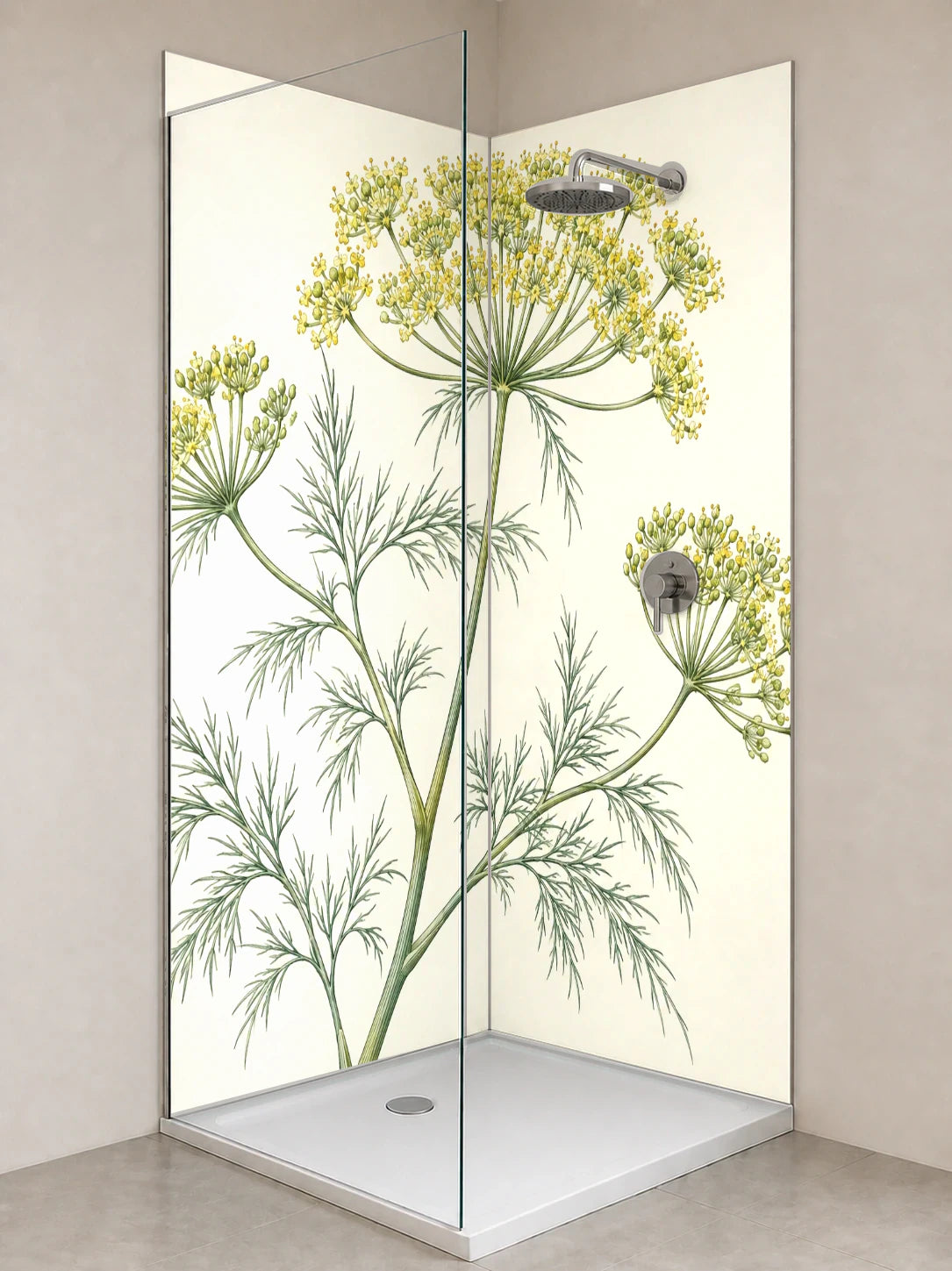 Duschrückwand „Dill mit feinen Dolden – Botanischer Stich“ als installierte Rückwand in einer hellen Dusche
