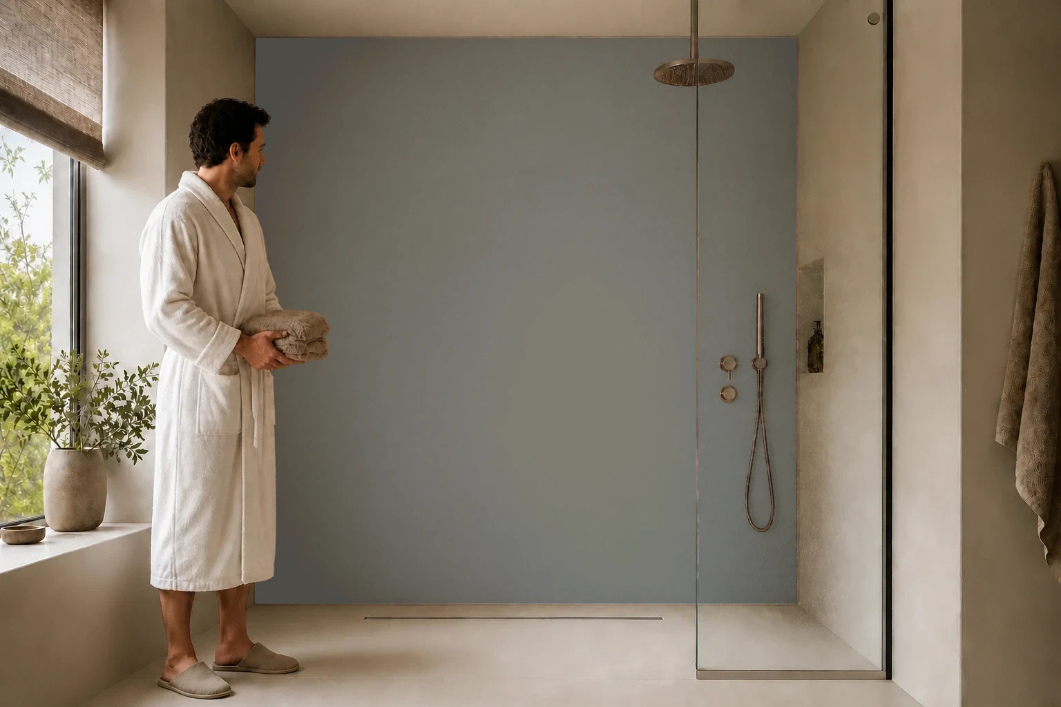 Duschrückwand „RAL 7039 Quarzgrau Ruhe“ in einer Dusche mit einem Mann im Bademantel