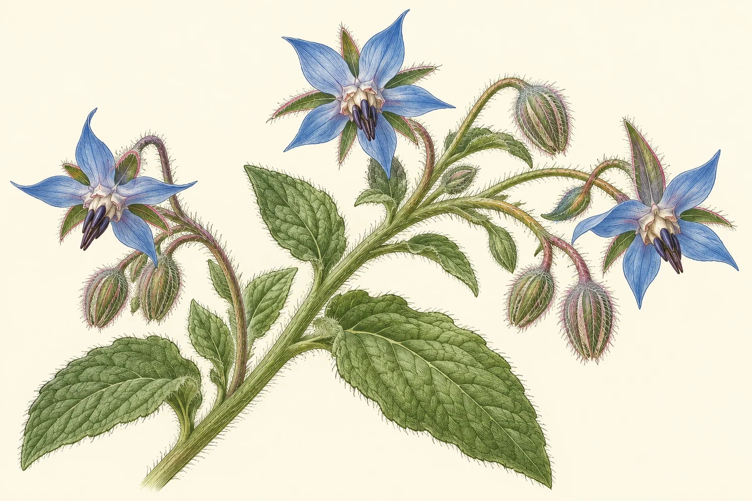 Motivvorschau „Borretsch mit Sternblüten – Botanischer Stich“ für Duschrückwand