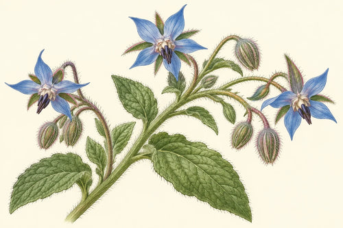 Motivvorschau „Borretsch mit Sternblüten – Botanischer Stich“ für Duschrückwand