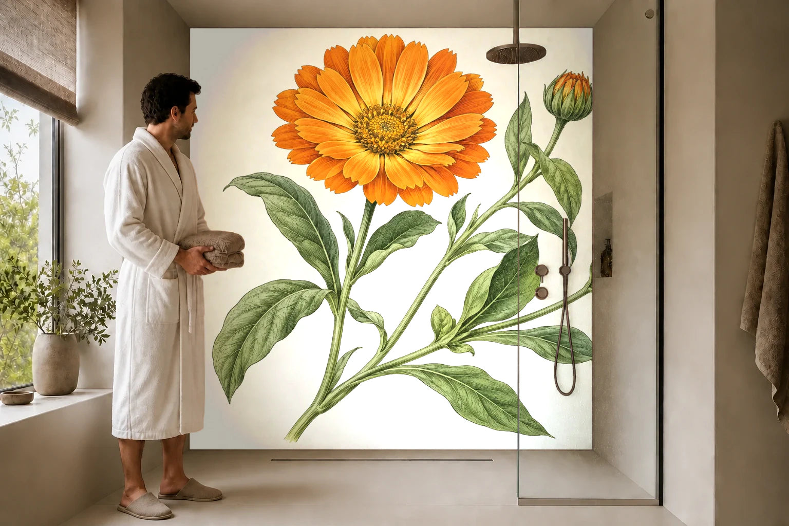 Duschrückwand „Ringelblume mit Knospen – Botanischer Stich“ in einer Dusche mit einem Mann im Bademantel