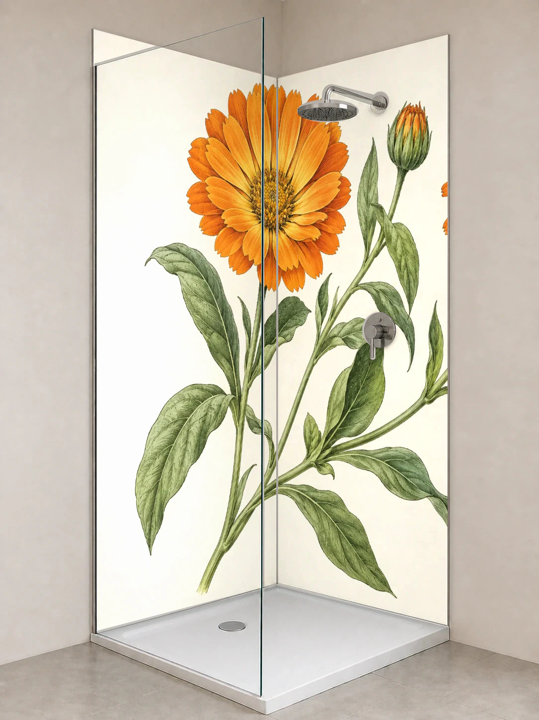 Duschrückwand „Ringelblume mit Knospen – Botanischer Stich“ als installierte Rückwand in einer hellen Dusche