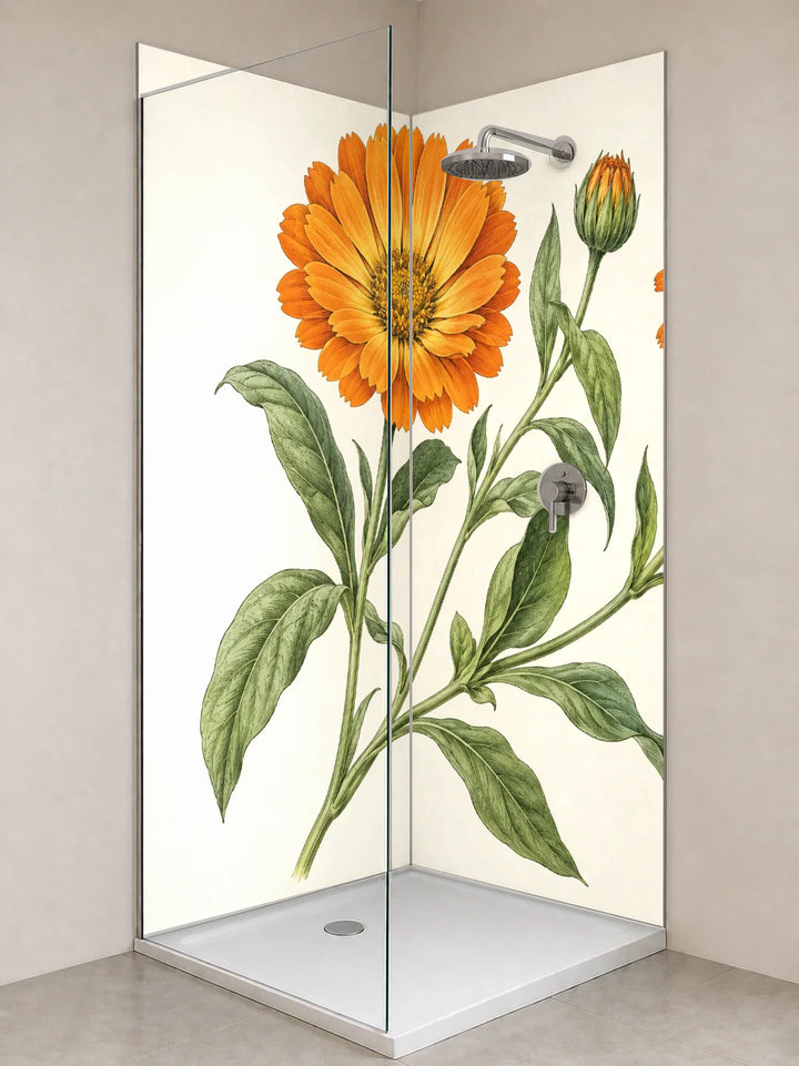 Duschrückwand „Ringelblume mit Knospen – Botanischer Stich“ als installierte Rückwand in einer hellen Dusche