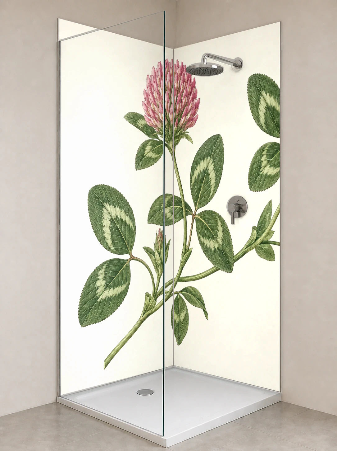 Duschrückwand „Rotklee am Wiesenrand – Botanischer Stich“ als installierte Rückwand in einer hellen Dusche