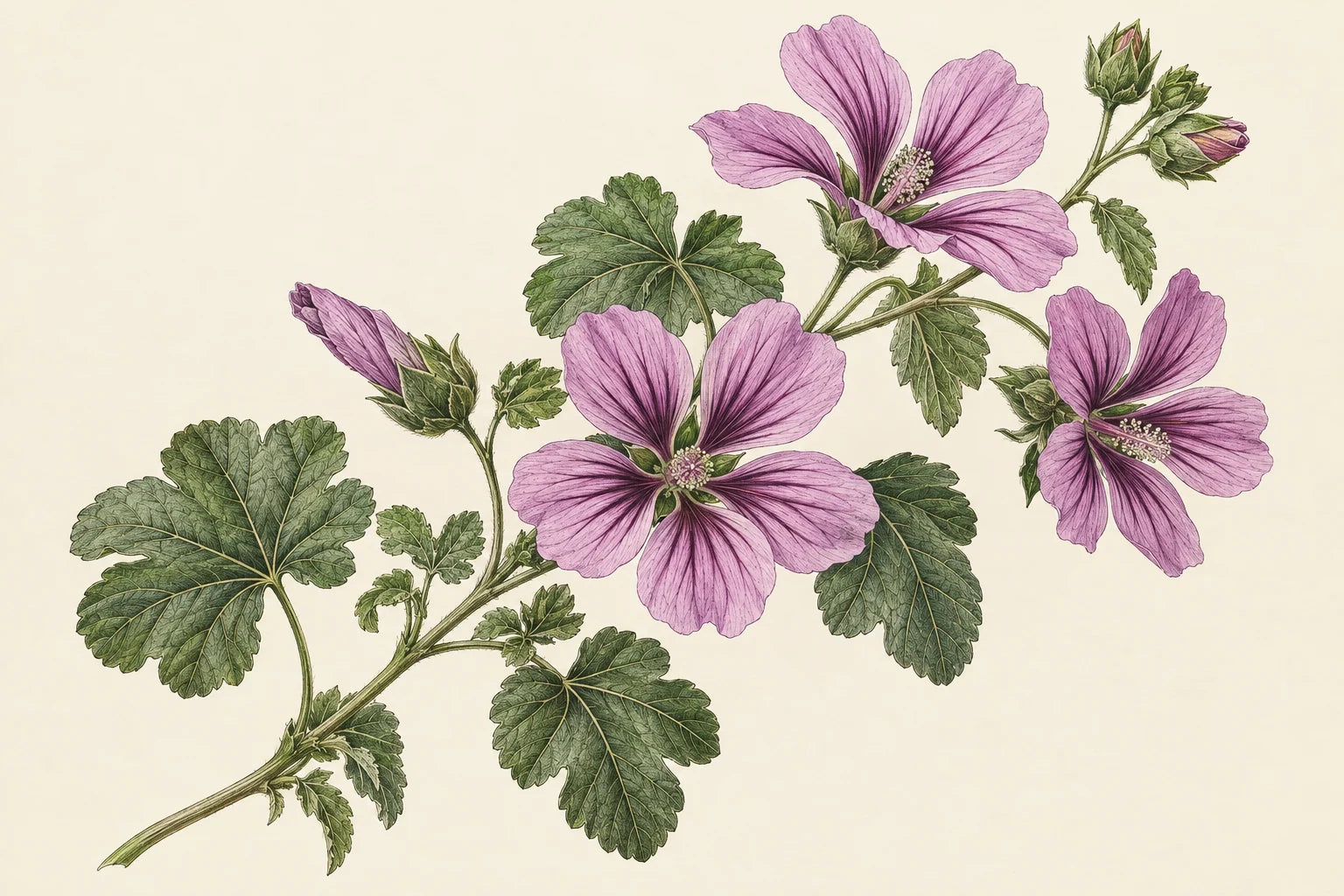 Motivvorschau „Wilde Malve – Botanischer Stich“ für Duschrückwand