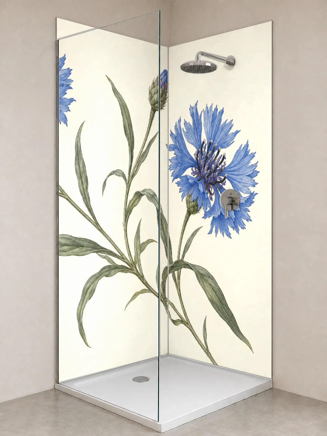 Duschrückwand „Kornblumen in Blau – Botanischer Stich“ als installierte Rückwand in einer hellen Dusche