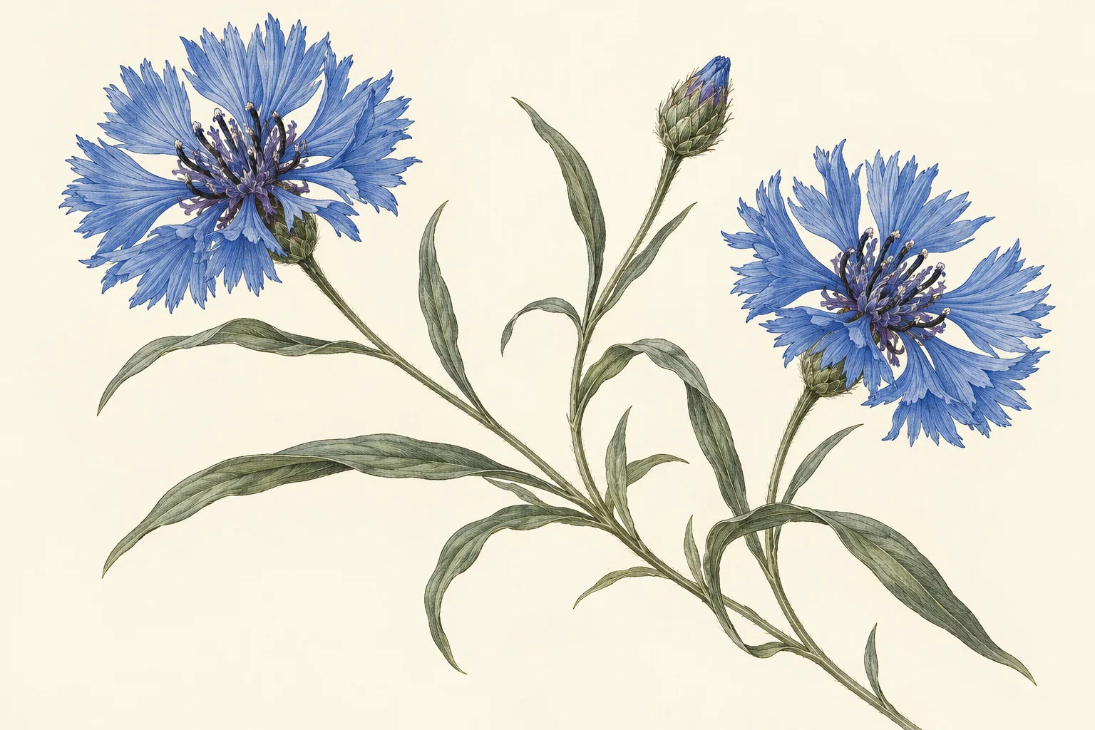 Motivvorschau „Kornblumen in Blau – Botanischer Stich“ für Duschrückwand