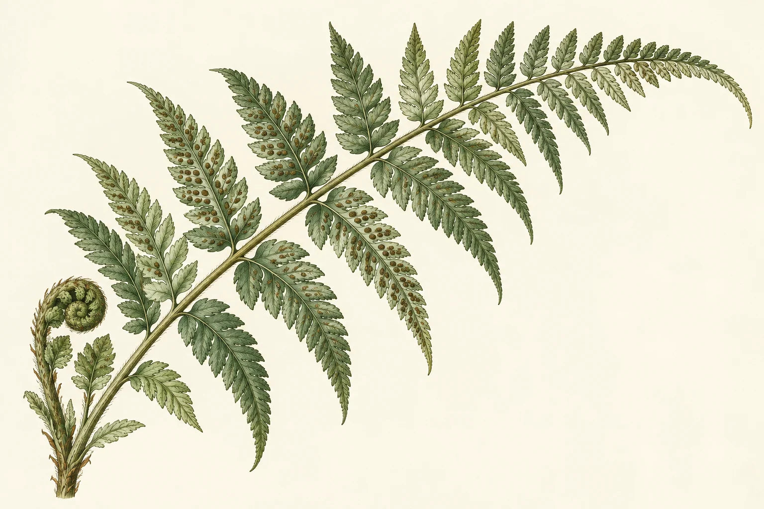 Motivvorschau „Farnwedel mit jungem Austrieb – Botanischer Stich“ für Duschrückwand