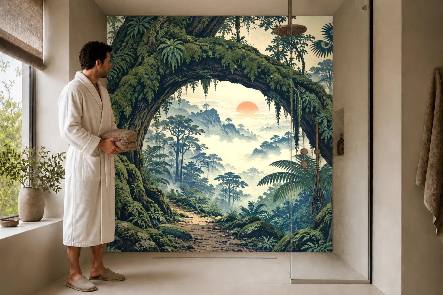 Duschrückwand „Moospfad unter Baumfarnen – Ukiyo-e“ in einer Dusche mit einem Mann im Bademantel