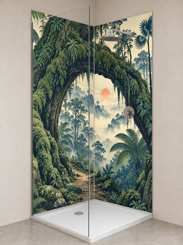 Duschrückwand „Moospfad unter Baumfarnen – Ukiyo-e“ als installierte Rückwand in einer hellen Dusche