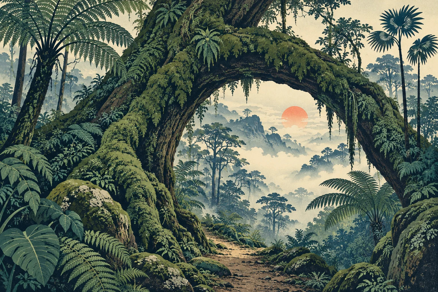 Motivvorschau „Moospfad unter Baumfarnen – Ukiyo-e“ für Duschrückwand