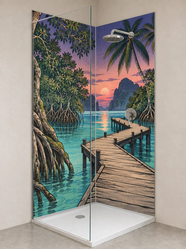 Duschrückwand „Mangrovensteg am Abend – Ukiyo-e“ als installierte Rückwand in einer hellen Dusche