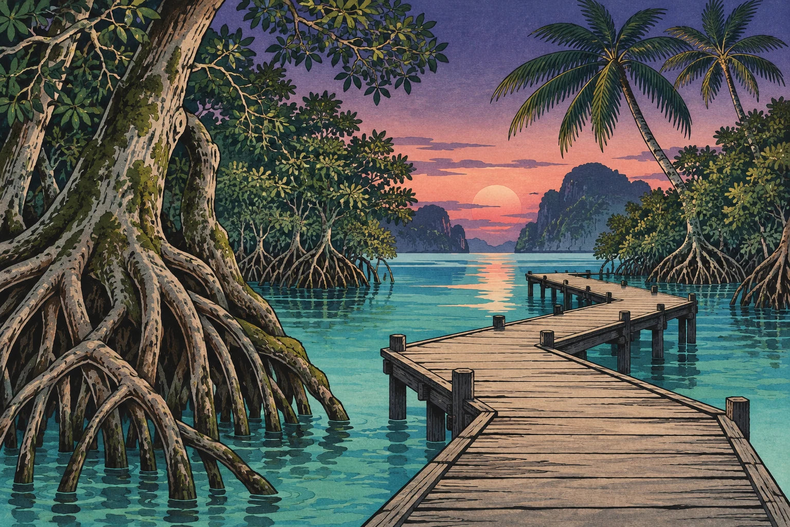 Motivvorschau „Mangrovensteg am Abend – Ukiyo-e“ für Duschrückwand