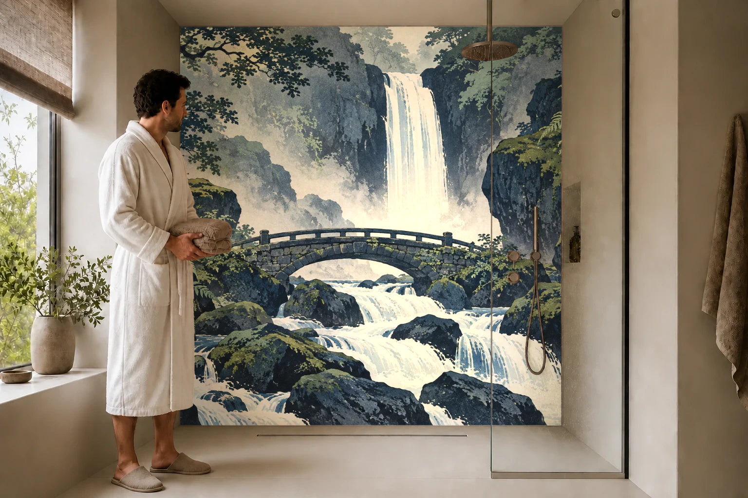 Duschrückwand „Steinbrücke vor dem Waldwasserfall – Ukiyo-e“ in einer Dusche mit einem Mann im Bademantel