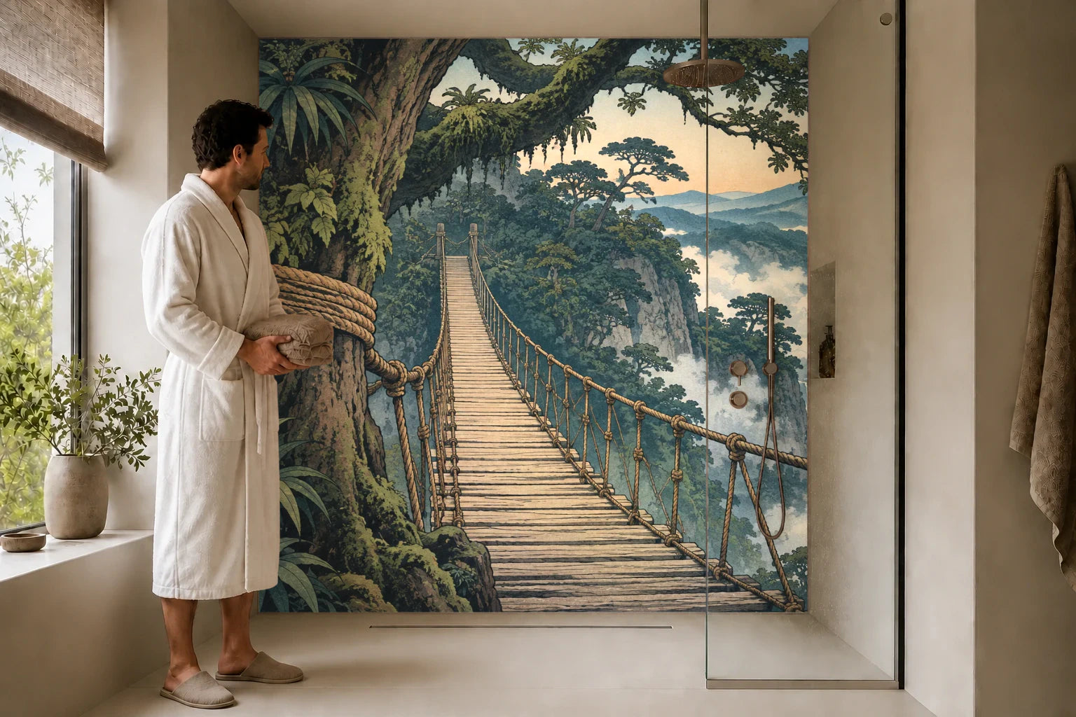 Duschrückwand „Hängebrücke im Wolkenwald – Ukiyo-e“ in einer Dusche mit einem Mann im Bademantel