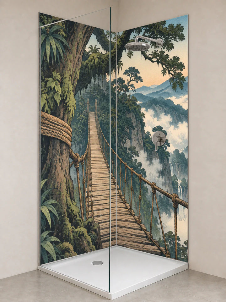 Duschrückwand „Hängebrücke im Wolkenwald – Ukiyo-e“ als installierte Rückwand in einer hellen Dusche